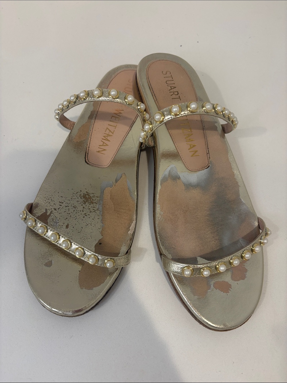 Stuart Weitzman Metallic Gold Pearl-Embellished Slide Sandal Size 8.5 - Picture 7 of 12